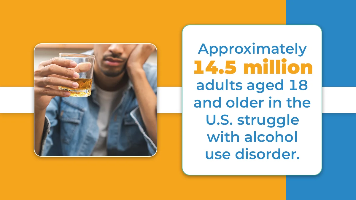 Closeup of a man holding a glass of alcohol. Approximately 14.5 million adults 18 and older in the U.S. struggle with alcohol use disorder