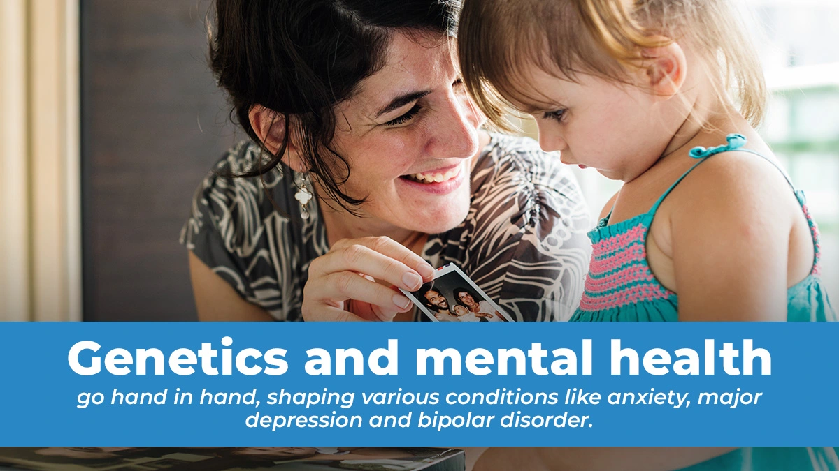 Woman showing a photo to her young daughter. Genetics and mental health go hand in hand, raising changes of bipolar disorder and anxiety.