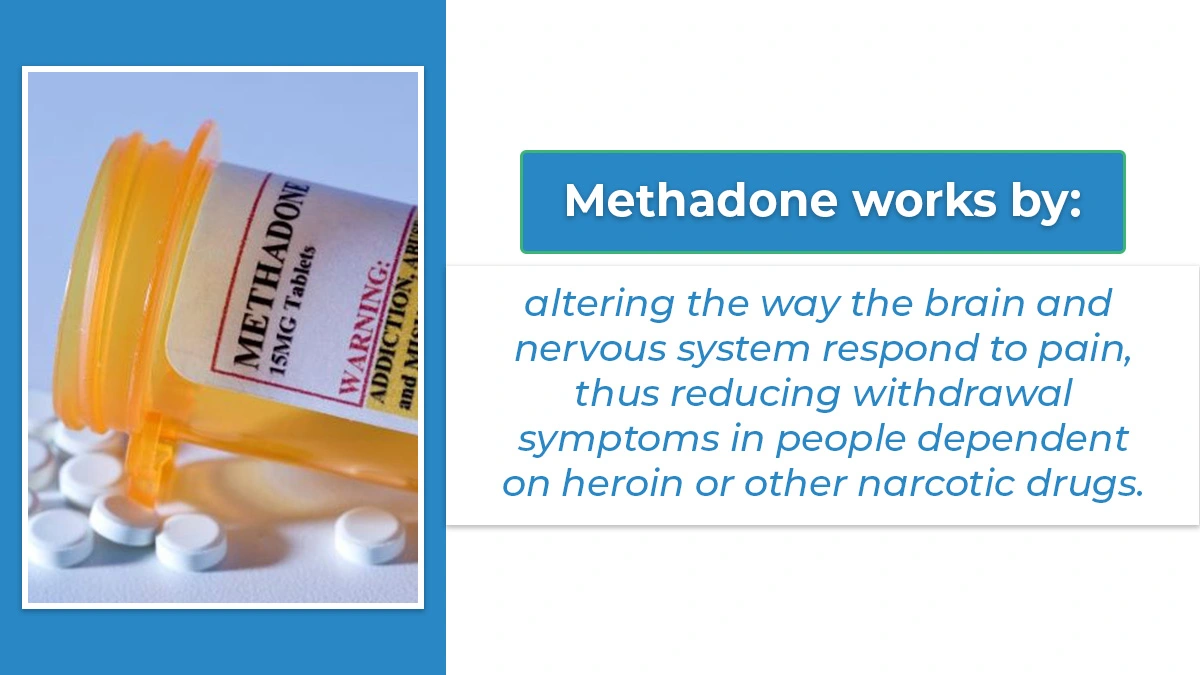 Spilled bottle of methadone. Blue text on white background explains how methadone works to reduce withdrawal symptoms.