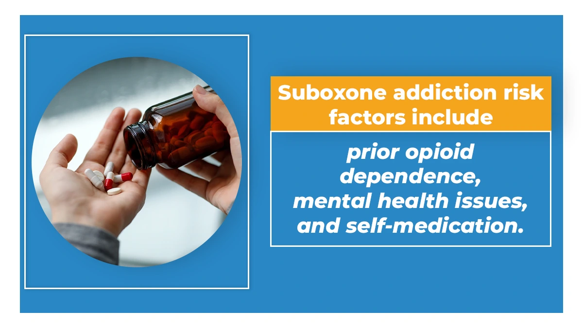 Closeup on hands pouring pills from a pill bottle into the palm of the other hand. There are several risk factors for Suboxone addiction.