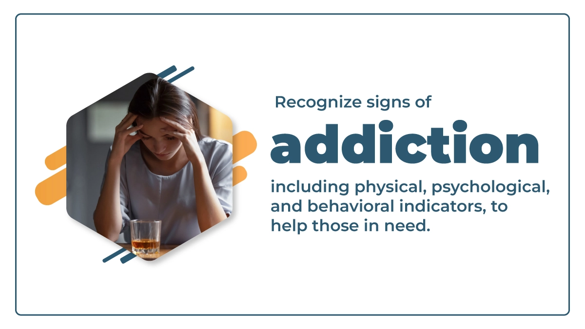 Woman holding her head and staring at a glass of alcohol on the table. Recognize signs of addiction to help those in need.