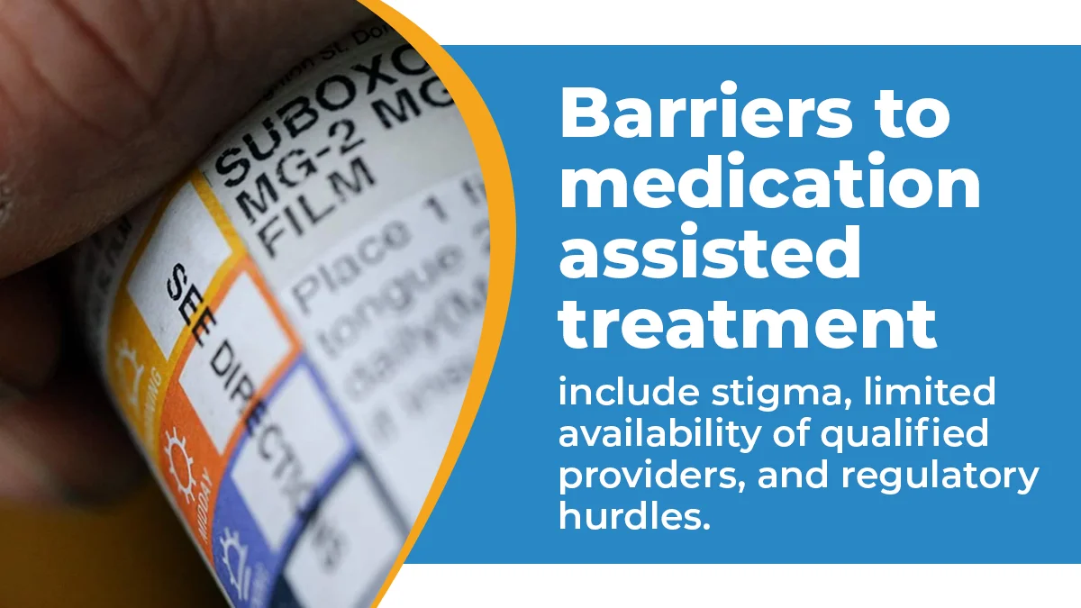 Barriers to medication-assisted treatment include stigma, limited availability of qualified providers, and regulatory hurdles.