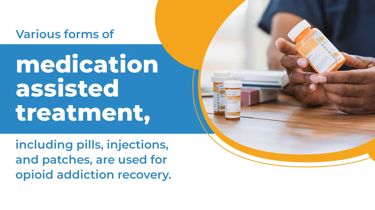 Various forms of medication-assisted treatment, including pills, injections, and patches, are used for opioid addiction recovery.